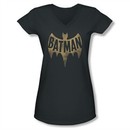 Classic Batman Shirt Juniors V Neck Distressed Logo Charcoal T-Shirt
