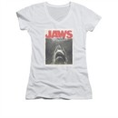 Jaws Shirt Juniors V Neck Block Classic Fear White T-Shirt