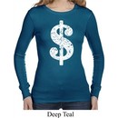 Ladies Funny Shirt Distressed Dollar Sign Long Sleeve Thermal T-Shirt