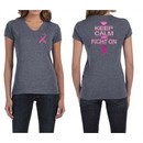 Ladies Shirt Pink Ribbon Keep Calm Front & Back Print V-neck Tee