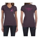 Ladies Shirt Pink Ribbon Wings Front & Back Print V-neck Tee T-Shirt