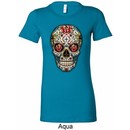 Ladies Skull Shirt Sugar Skull with Roses Longer Length Tee T-Shirt
