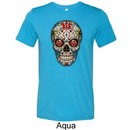 Mens Skull Shirt Sugar Skull with Roses Tri Blend Crewneck Tee T-Shirt