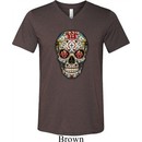 Mens Skull Shirt Sugar Skull with Roses Tri Blend V-neck Tee T-Shirt
