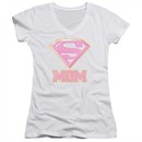Super Mom Juniors V Neck Shirt Pink Shield White T-Shirt