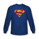 Superman Shirt Classic Logo Distressed Long Sleeve Royal Blue Tee T-Shirt