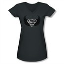 Superman Shirt Juniors V Neck Dirty Wings Charcoal T-Shirt