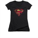 Superman Shirt Juniors V Neck War Torn Shield Black T-Shirt