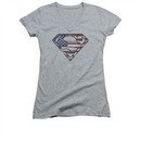 Superman Shirt Juniors V Neck Wartorn Flag Shield Athletic Heather T-Shirt