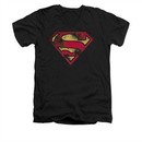 Superman Shirt Slim Fit V-Neck War Torn Shield Black T-Shirt