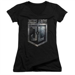Justice League Movie Juniors V Neck Shirt Shield Logo Black T-Shirt
