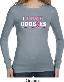 Ladies Breast Cancer Shirt I Love Boobies Long Sleeve Thermal Tee