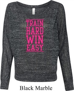Ladies Fitness Shirt Train Hard Win Easy Off Shoulder Tee T-Shirt
