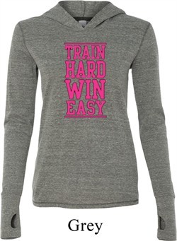 Ladies Fitness Shirt Train Hard Win Easy Tri Blend Hoodie Tee T-Shirt
