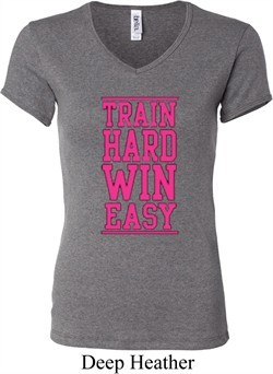 Ladies Fitness Shirt Train Hard Win Easy V-neck Tee T-Shirt