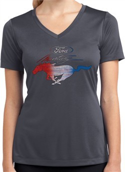 Ladies Ford Tee Mustang Red White and Blue Dry Wicking V-neck