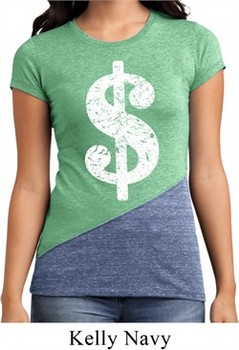 Ladies Funny Shirt Distressed Dollar Sign Tri Blend Crewneck T-Shirt