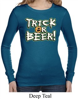 Ladies Halloween Shirt Trick Or Beer Long Sleeve Thermal Tee T-Shirt