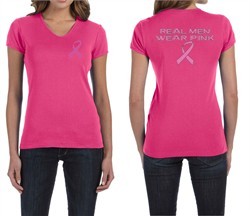 Ladies Shirt Pink Ribbon Real Men Front & Back Print V-neck Tee T-Shirt