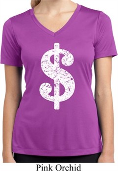 Ladies Shirt Distressed Dollar Sign Moisture Wicking V-neck T-Shirt