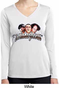 Ladies Shirt Stooges Faces White Dry Wicking Long Sleeve Tee T-Shirt
