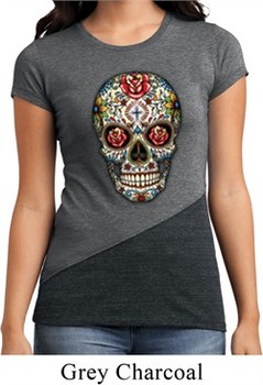 Ladies Shirt Sugar Skull with Roses Tri Blend Crewneck Tee T-Shirt