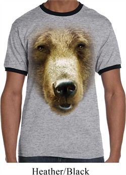 Mens Grizzly Bear Shirt Big Grizzly Bear Face Ringer Tee T-Shirt