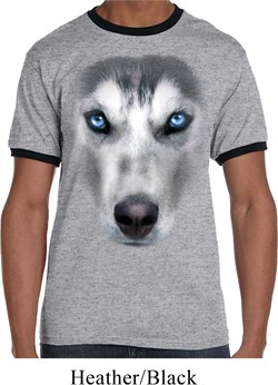 Mens Siberian Husky Shirt Big Siberian Husky Face Ringer Tee T-Shirt