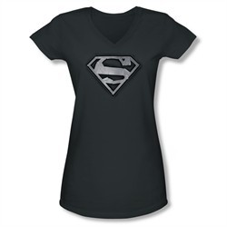 Superman Shirt Juniors V Neck Duct Tape Shield Charcoal T-Shirt