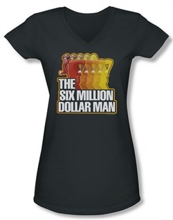 The Six Million Dollar Man Shirt Juniors V Neck Run Fast Charcoal Tee Shirt