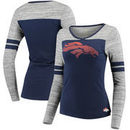 Denver Broncos Women's Juniors Secret Fan Long Sleeve Football T-Shirt - Navy/Heathered Gray
