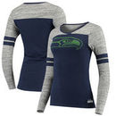 Seattle Seahawks Women's Juniors Secret Fan Long Sleeve Football T-Shirt - College Navy/Heathered Gray