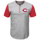 Cincinnati Reds Majestic Life Or Death Pinstripe Henley T-Shirt - Gray/Red