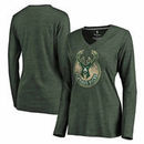 Milwaukee Bucks Fanatics Branded Women's Distressed Logo Long Sleeve Tri-Blend T-Shirt - Heathered Hunter Green