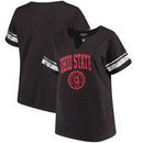 Ohio State Buckeyes Women's Plus Size Notch Neck Striped Sleeve T-Shirt– Heather Gray/White