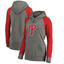 Philadelphia Phillies Fanatics Branded Women's Distressed Team Logo Tri-Blend Raglan Pullover Hoodie - Gray/Red