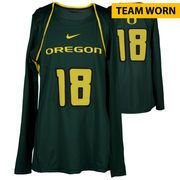 Oregon Ducks Fanatics Authentic Women's Lacrosse Team-Worn #18 Green and Yellow Long Sleeve Jersey used between the 2010 - 2016 