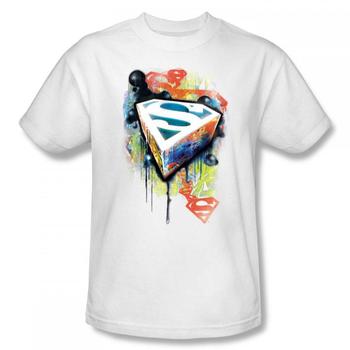 Superman Shield Paint Splatter Adult White T-Shirt from Warner Bros.