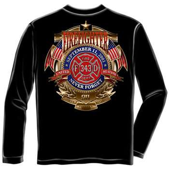 Firefighters 9/11 Never Forget USA Black Long Sleeve Tee Shirt