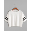 White Dropped Shoulder Seam Varsity Striped Crop T-shirt
