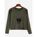 Army Green Gesture Print Distressed T-shirt