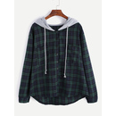 Hooded Button Front Check Sweatshirt With Chest Pockets