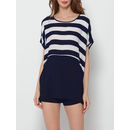 Striped Batwing Loose Fitting Round Neck Short Sleeve T-shirts