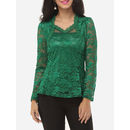 Floral Printed Hollow Out Lace Patchwork Graceful Asymmetric Neckline Long Sleeve T-shirts