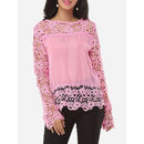 Floral Printed Hollow Out Lace Patchwork Plain Graceful Round Neck Long-sleeve-t-shirts