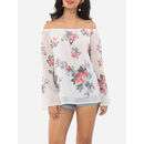 Floral Printed Loose Fitting Off Shoulder Long-sleeve-t-shirts